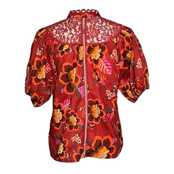 Farm Rio Red Size Small Blouse Short Puff Sleeves Floral Top Lace Trim - Picture 3 of 7